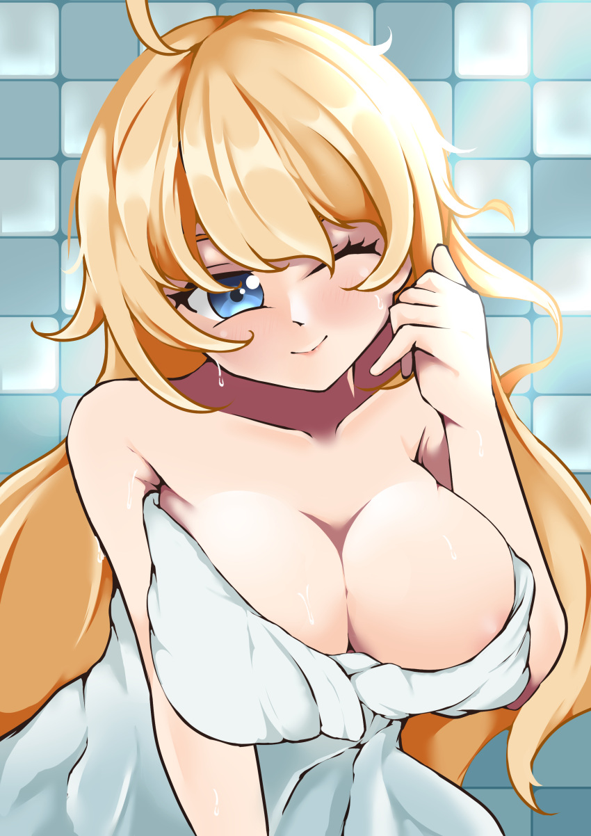 1girls after_bath ahoge bare_shoulders barely_visible_nipples big_breasts blonde_hair blue_eyes blush cleavage closed_eye exposed_shoulders eye_closed habe looking_at_viewer messy_hair naked_towel nijisanji nijisanji_indonesia solo solo_female solo_focus towel towel_only virtual_youtuber wet wet_body wet_skin wink yellow_hair zea_cornelia