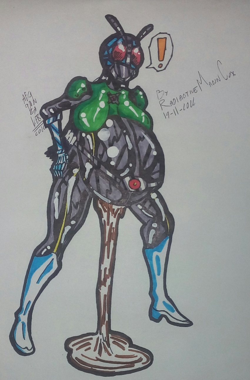 belt cyborg hyper_pregnancy kamen_rider labor oc pregnant separated_legs spread_legs traditional_media_(artwork) water_broke