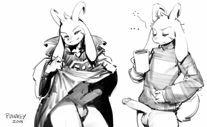 2018 anthro asriel_dreemurr asriel_dreemurr_(god_form) balls clothed clothing clothing_lift container cup ellipsis genitals male male_only penis puinkey_(artist) signature solo undertale undertale_(series) video_games