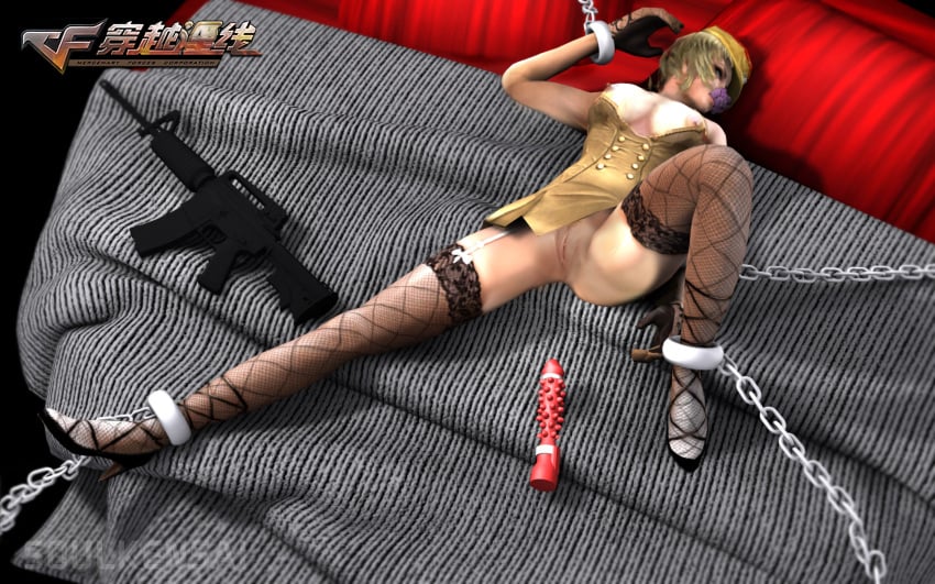 1girls 3d 3d_(artwork) big_breasts blonde_hair bondage captured chains cross_fire crossfire dildo firearm fox_(crossfire) gloves gun handwear high_heels nipples pussy rape stockings weapon