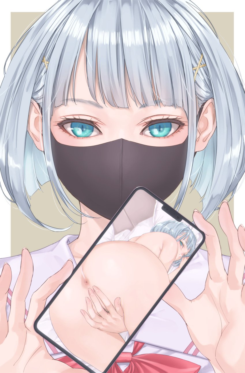 anus back blue_eyes blue_hair cellphone completely_nude covering covering_crotch female hair_ornament hairclip helpig highres looking_at_viewer mask mouth_mask multiple_views nude original phone photo_(object) school_uniform serafuku short_hair smartphone