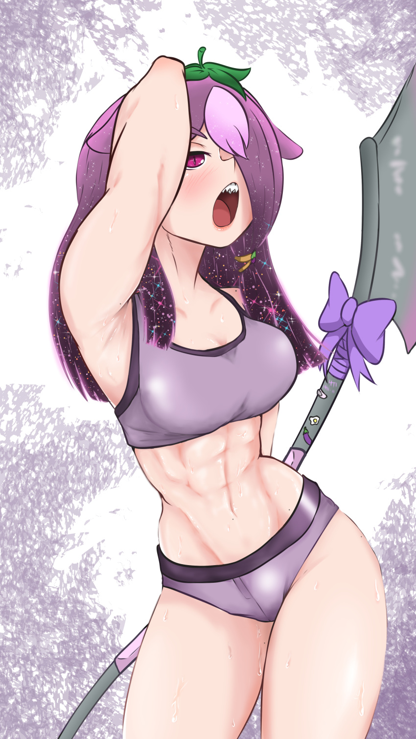 1girls abs arm_behind_head armpits arms_up axe belly_button big_breasts glitter glittering_hair gradient_hair hair_covering_eye hair_over_one_eye midriff mole mole_on_hip mole_on_shoulder mole_on_stomach mole_on_thigh mole_under_armpits muscular muscular_female navel one_eye_covered one_eye_obstructed open_mouth pink_hair purple_eyes purple_hair ribbon sachiihappy sharp_teeth solo solo_female solo_focus sports_bikini sports_bra sportswear sweat sweating sweaty thick_thighs thighs virtual_youtuber yuusachii_(vtuber)