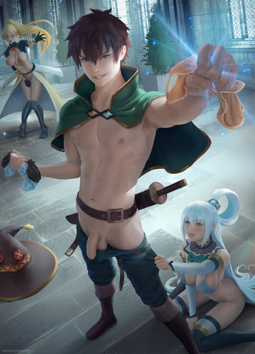 aqua_(konosuba) darkness_(konosuba) kono_subarashii_sekai_ni_shukufuku_wo! magic male_focus panties pants_pull penis penis_out pussy satou_kazuma sword tagme uncensored weapon zarory