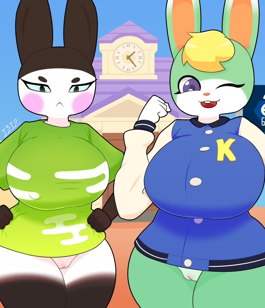 2022 2girls 4_fingers :< absurd_res animal_crossing anthro big_breasts blush bottomless breasts brown_body clothed clothing duo e621 female female_only fingers fur furry furry_only genitals genji_(animal_crossing) green_body hair hi_res huge_breasts i3i2455_ivi394 lagomorph leporid mammal multicolored_body nintendo open_mouth partially_clothed pussy rabbit rule_63 sasha_(animal_crossing) smile the_character_is_better_this_way thick_thighs topwear video_games white_body