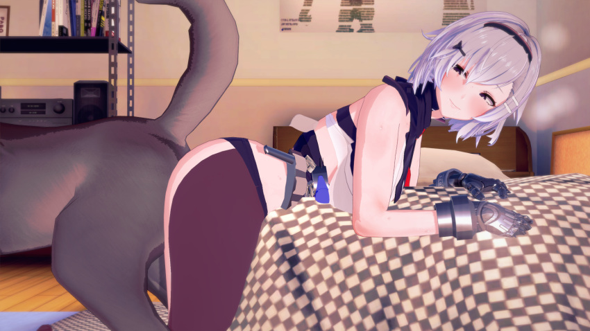 against_bed ass_to_ass azur_lane butt_to_butt canine knotting looking_at_partner looking_back reno_(azur_lane) silver_hair zoophilia