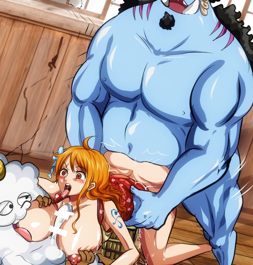 1boy 1girls ahe_gao big_ass big_breasts big_penis breast_sucking cloud doggy_style female fishman jinbe large_breasts male nami nipples one_piece paizuri post-timeskip straight_hair takebuchi thick_ass zeus_(one_piece)