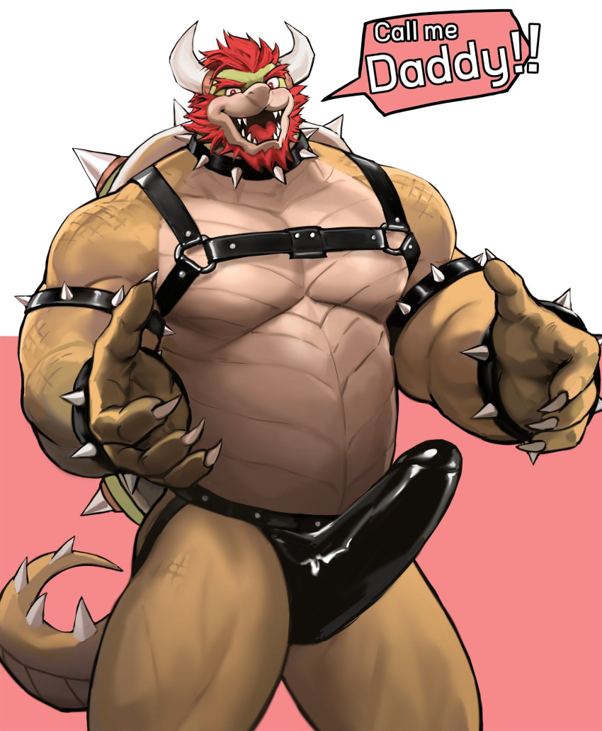 2022 anthro armband bara beard biceps bowser bracelet bulge claws clothed clothing collar daddy_kink dominant dominant_male dopq erection erection_under_clothing facial_hair gesturing_at_viewer harness hi_res jewelry jockstrap koopa leather leather_clothing leather_harness looking_at_viewer male male/male male_only manly mario_(series) muscular muscular_arms nintendo pecs red_beard scalie simple_background solo speech_bubble spiked_armband spiked_bracelet spiked_collar spikes standing underwear video_games