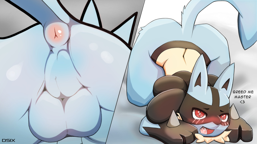 <3_eyes absurd_res anthro anus ass backsack balls begging begging_for_sex begging_pose blush blush_lines bodily_fluids butt_shot dialogue dsub9 english_text generation_4_pokemon genitals heart hi_res impregnation_request looking_at_viewer lucario male nintendo perineum pink_anus pokémon_(species) pokemon pokemon_(species) pose puffy_anus raised_tail saliva saliva_on_tongue saliva_string solo talking_to_viewer text video_games