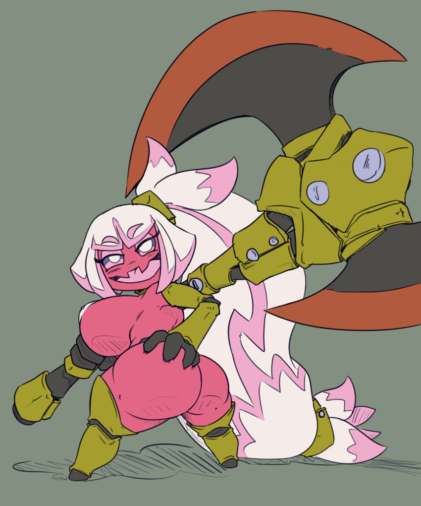 anthro armor axe big_breasts breasts digital_media_(artwork) female generation_9_pokemon hair hi_res huge_breasts humanoid imric1251 melee_weapon nintendo pink_body pink_eyes pink_hair pink_skin pokémon_(species) pokemon pokemon_(species) pokemon_sv ponytail short_stack shortstack solo tinkaton unconvincing_armor video_games weapon