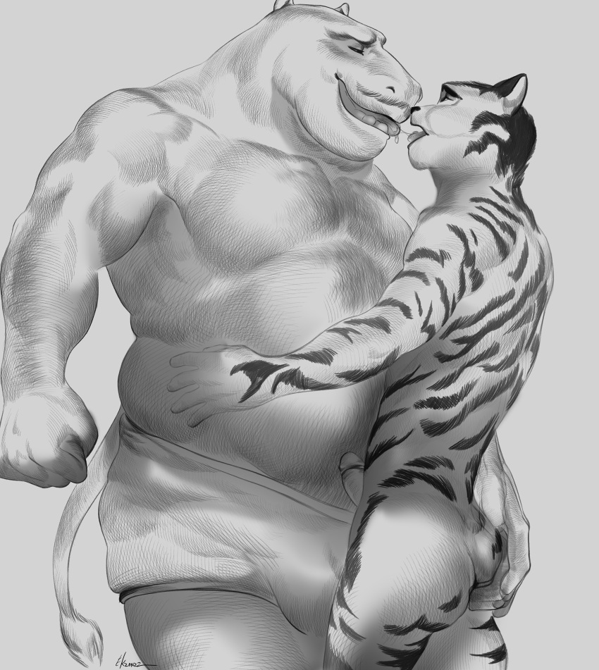 2022 2boys absurd_res anthro ass beefy belly biceps big_belly body_fur body_hair briefs briefs_only bulge chest_hair closed_eyes clothing common_hippopotamus duo ekzonzz embrace erection facial_hair felid genitals greyscale hi_res hippopotamid holding_butt intimate kissing male male/male male_only mammal monochrome mr._king_(rimba_racer) musclegut muscles muscular_male mustache nude_male pantherine pecs penis rimba_racer saliva saliva_string simple_background smooth_fur standing striped_fur stripes tag_(rimba_racer) tiger tongue tongue_out triceps underwear white_background