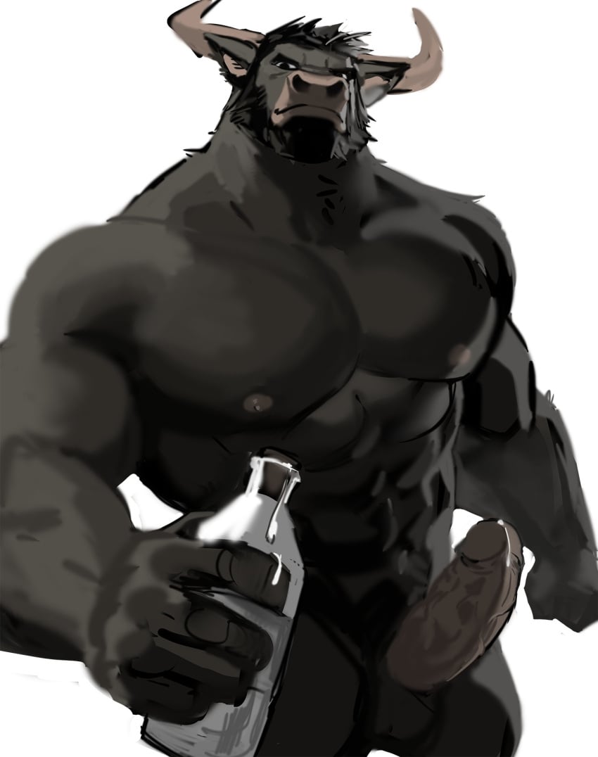 2022 abs anthro balls beard beverage biceps black_hair bodily_fluids bovid bovine cattle deltoids dopq dripping erection facial_hair genital_fluids genitals hair hi_res holding_beverage holding_object horn looking_at_viewer male male_only mammal manly muscular navel nipples pecs penis precum precum_drip simple_background solo standing triceps vein veiny_penis white_background