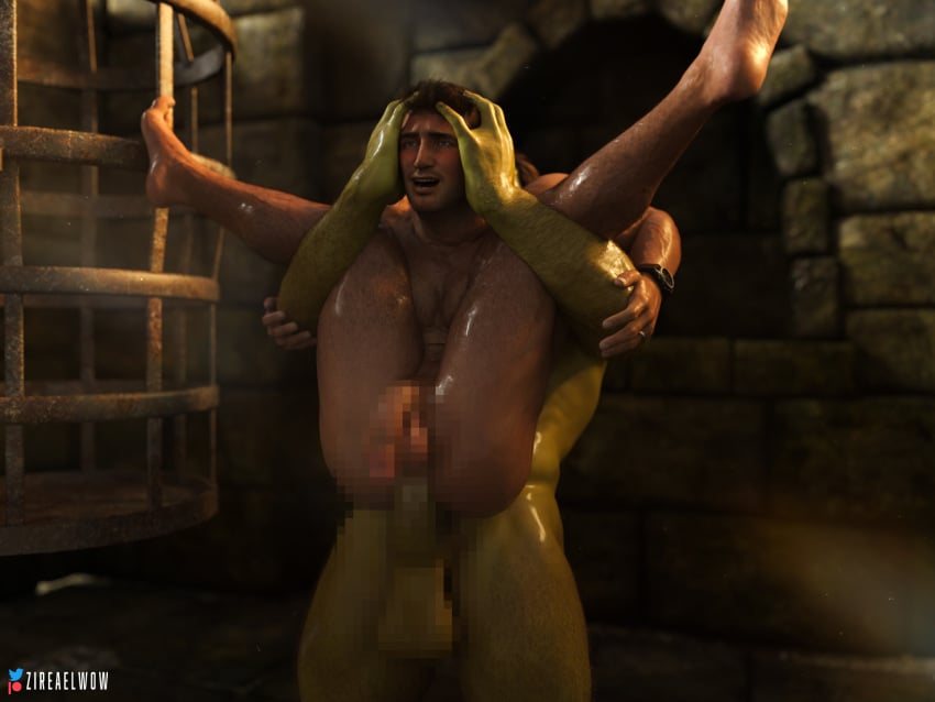 3d 3d_(artwork) bara big_penis blush blushing censored full_nelson green_skin holding_head male_only muscular nathan_drake orc orc_male rough_sex veiny_penis zireael