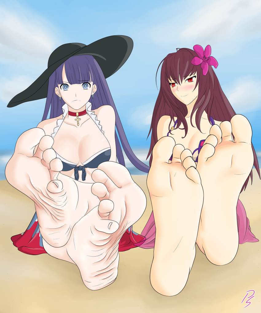 2girls absurd_res bangs barefoot beach bikini blue_eyes blush breasts brown_hair choker collarbone confused_look dipseli324 earrings embarrassed fate/grand_order fate_(series) feet female female_only flower flower_in_hair foot_fetish foot_focus frills hair_flower hat jewelry light-skinned_female light_skin long_hair looking_at_viewer looking_away medium_breasts purple_hair red_eyes saint_martha saint_martha_(swimsuit_ruler) scathach_(fate) scathach_(swimsuit_assassin) sitting soles spread_toes swimsuit toenails toes wrinkled_feet wrinkled_soles