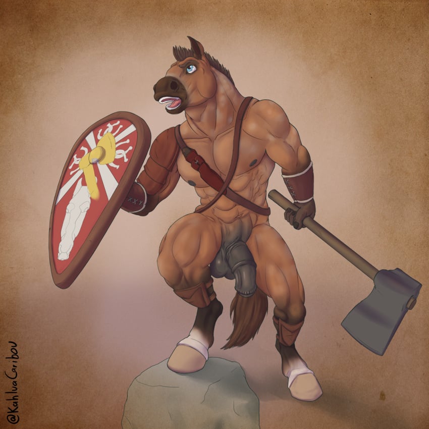 animal_genitalia animal_penis anthro armor axe equid equine equine_penis genitals hi_res horse kahlua_caribou male male_only mammal manly melee_weapon nude pauldron penis shield solo weapon