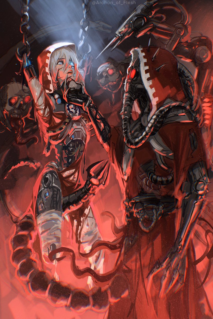 adeptus_mechanicus alternate_version_available ambiguous_gender ambiguous_penetration amputee archon_of_flesh blue_eyes bondage captured chains cyborg gore guro imminent_rape imperium_of_man robot servo-skull skitarii techpriest tentacle warhammer_(franchise) warhammer_40k white_hair