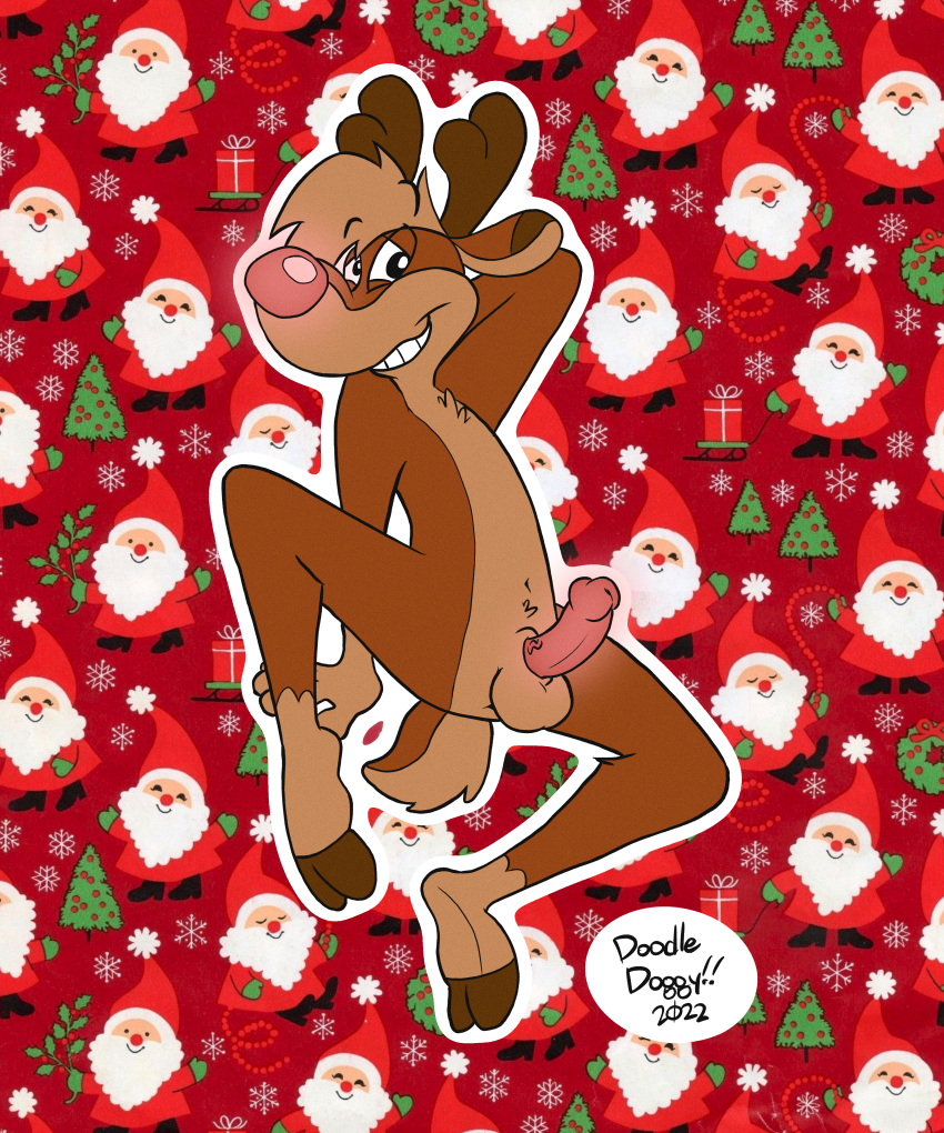 absurd_res anthro capreoline cervid christmas doodledoggy genitals glowing glowing_genitalia glowing_penis hi_res holidays hooves huge_filesize male mammal nervous nervous_smile penis pinup pose reindeer rudolph rudolph_the_red-nosed_reindeer rudolph_the_red_nosed_reindeer solo toony wrapping_paper