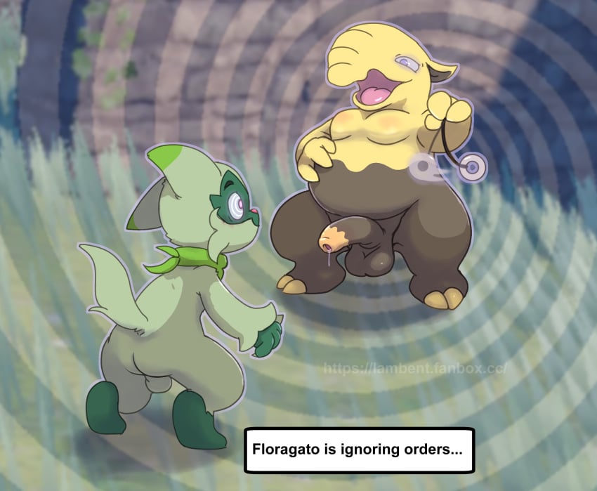 abstract_background anthro backsack balls bodily_fluids brown_body cheek_tuft drowzee duo english_text facial_markings facial_tuft floragato foreskin fur genital_fluids genitals gloves_(marking) glowing glowing_eyes grass green_body green_fur half-erect head_markings hi_res hypnosis lambent male male/male markings mask_(marking) mind_control nintendo open_mouth outside overweight overweight_male pendulum penis plant pokémon_(species) pokemon pokemon_sv precum ruins scarf slightly_chubby spiral_background spiral_eyes text tuft video_games yellow_body