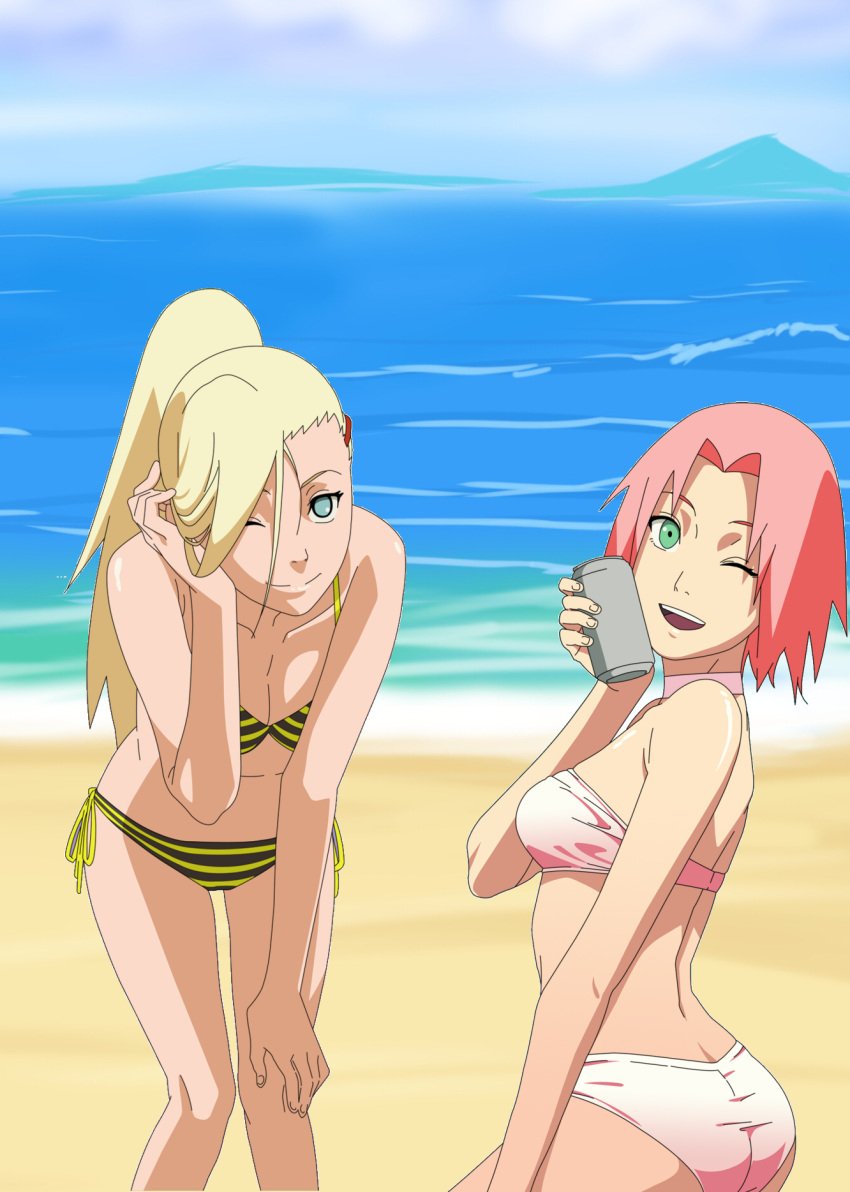 2girls ass beach bent_over bikini blonde_hair blue_eyes can drink feet_out_of_frame female_only friends from_behind green_eyes holding_object ino_yamanaka knees_together_feet_apart looking_at_viewer looking_back midriff multiple_girls naruto naruto_(series) naruto_shippuden ocean one_eye_closed outdoors pink_hair round_ass sakura_haruno sand sanlobo sea seaside sideboob smile soda soda_can standing striped_bikini swimsuit water wink