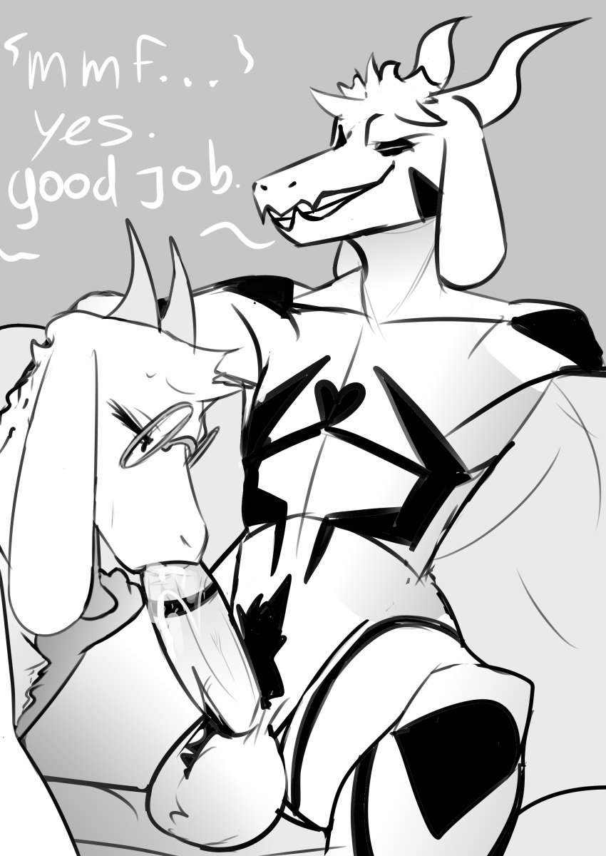 absurd_res anthro artdemonslair asriel_dreemurr asriel_dreemurr_(god_form) balls black_and_white blowjob bodily_fluids bovid caprine claws deltarune duo erection furniture gay genital_fluids genitals goat hi_res horn humanoid male male/male mammal muscular muscular_male oral penis precum ralsei sex sofa spreading text undertale undertale_(series) video_games white_fur