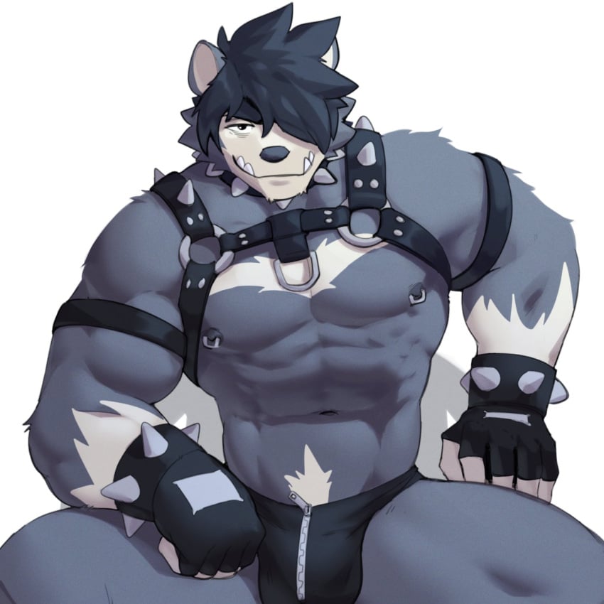 1boy abs anthro bdsm_gear big_bulge black_choker black_clothing black_hair bulge fingerless_gloves furry grey_fur harness jrjresq looking_at_viewer male_only marsh_(jrjresq) navel nipple_bulge pecs pointy_teeth simple_shading smiling solo solo_male spiked_bracelet spiked_collar spikes spread_legs tagme thick_eyebrows white_background zipper