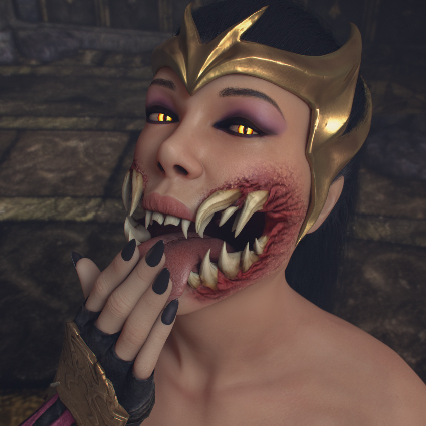 3d cum cum_on_face female mileena monster mortal_kombat mortal_kombat_x nocskylark sharp_teeth swallowing_cum tarkatan yellow_eyes