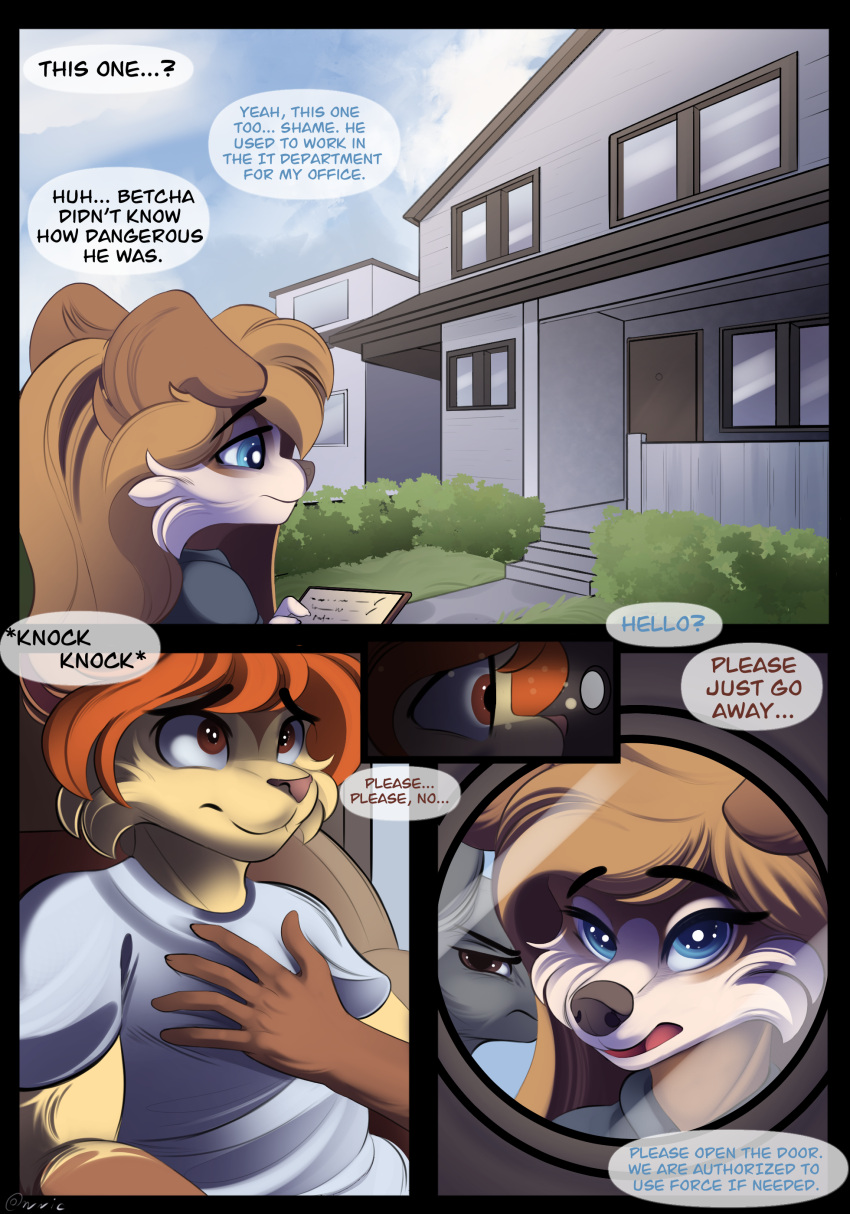 absurd_res building canid canine clothed clothing comic conrie dialogue felid feline female forced hi_res house maletrass mammal outside scared shirt speciesism story story_in_description text topwear window