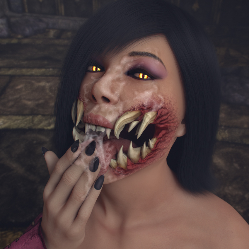 1girls 3d cum cum_on_face female female_only mileena monster mortal_kombat mortal_kombat_x nocskylark sharp_teeth solo swallowing_cum tarkatan yellow_eyes