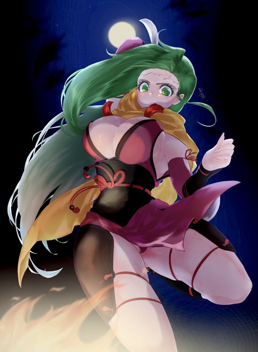 1girls accidental_exposure alternate_costume annand_(fire_emblem) areolae areolae_slip attack bare_thighs breasts cleavage cosplay female female_only fire fire_emblem fire_emblem:_genealogy_of_the_holy_war fire_emblem_fates from_below full_moon green_eyes green_hair inner_thighs kagero_(fire_emblem)_(cosplay) knife large_breasts long_hair looking_at_viewer moon night ninja nintendo panties pantyshot pelvic_curtain pelvic_curtain_lift red_panties scarf sideboob solo ta_dasu_(tadasu_hayashi) thick_thighs thighs underwear very_long_hair wardrobe_malfunction weapon