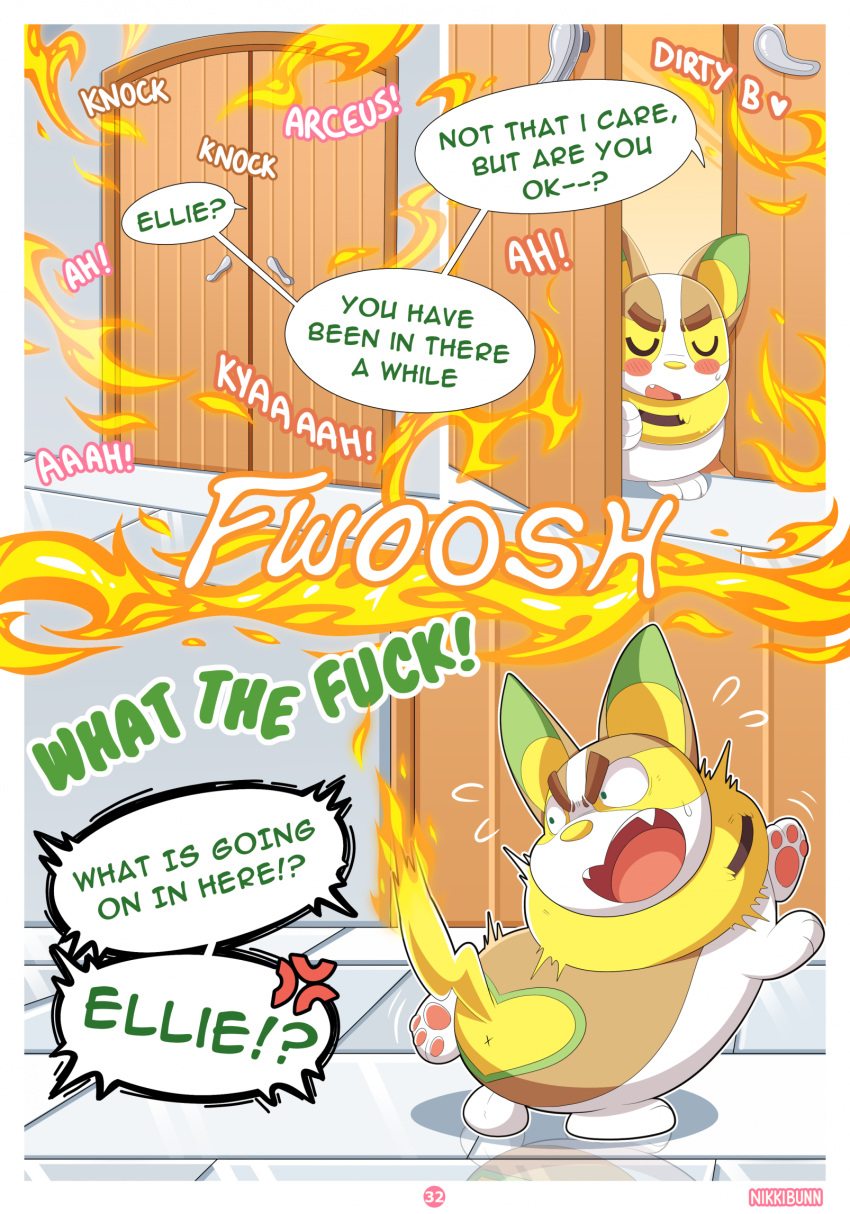 anus ass balls blush bodily_fluids brown_body brown_fur butt_heart canid canine comic cross-popping_vein dialogue ellie_the_braixen english_text female feral fire fur generation_8_pokemon genitals heart_(marking) hi_res mammal moan nikkibunn nintendo offscreen_character page_32 pawpads pink_pawpads pokémon_(species) pokemon pokemon_(species) shaded sweat sweatdrop text video_games white_body white_fur x_anus yamper yellow_body yellow_fur