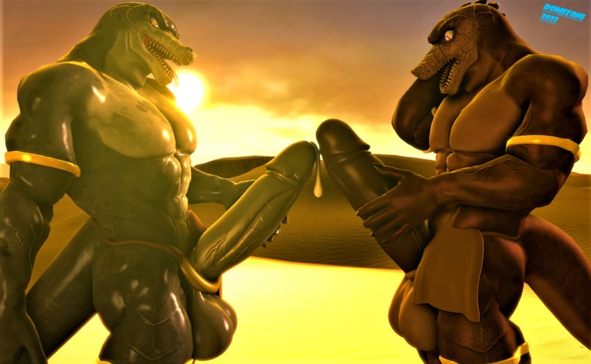 3d_(artwork) anthro armwear balls big_penis bodily_fluids bottomwear clothing comparing cum cum_on_penis digital_media_(artwork) domizoni duo genital_fluids genitals huge_cock hyper hyper_genitalia hyper_penis legwear lizard lizard_(petruz) loincloth male male/male muscular muscular_male penis reptile scalie source_filmmaker surprise surprised_expression