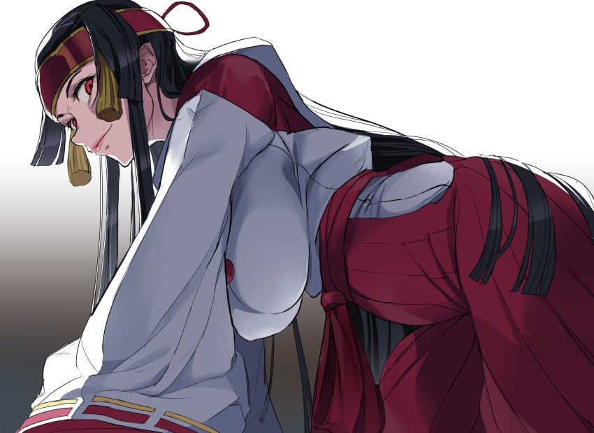 1girls all_fours big_breasts black_hair bow breasts busty female female_only hairbow hakama hanging_breasts japanese_clothes large_breasts legs long_hair looking_at_viewer miko pink_lips rashoujin_mizuki red_eyes samurai_shodown smile snk solo thighs voluptuous