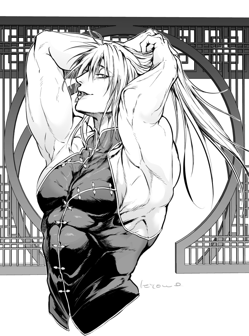 armpits arms_up chinese_clothes fei_wangfang kengan_(series) kengan_omega kyowo_sukkesuke long_hair long_hair_male looking_at_viewer male male_only monochrome muscular muscular_male pecs ponytail sidepec skin_tight sleeveless smile solo tight_clothing tying_hair