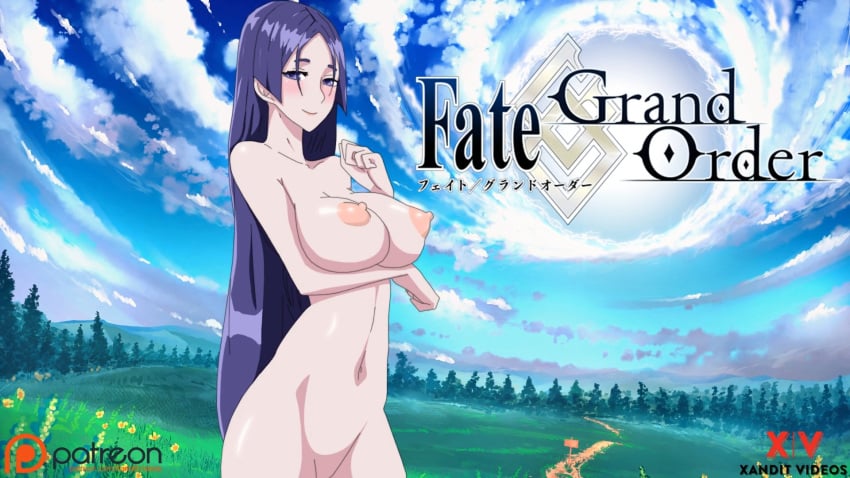 1girls 2d big_breasts erect_nipples fate/grand_order fate_(series) female horny_female human humanoid looking_at_another looking_at_viewer minamoto_no_raikou_(fate/grand_order) nude_female outside purple_eyes purple_hair smile tagme xandit