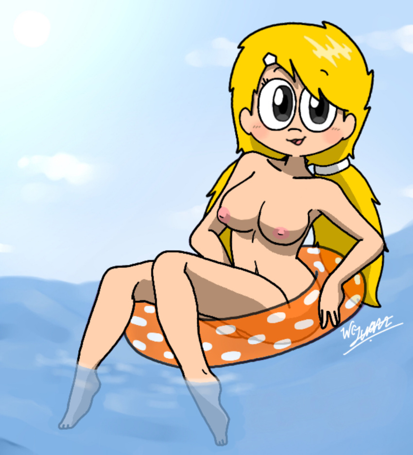 1girls alternate_version_available beach breasts curvy curvy_figure floatie floaty_tube inverted_nipples julane_(writers_crusaders) naked ocean sea seaside solo_female thick_thighs twintails wcjuan writers_crusaders yellow_hair