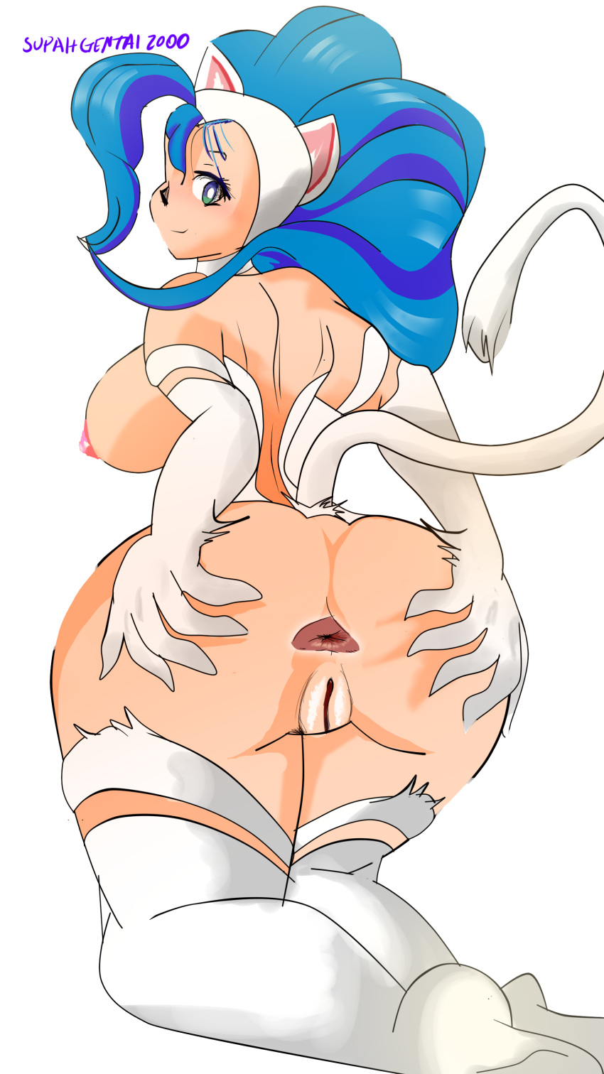 absurd_res animal_humanoid anus ass big_ass big_butt blue_hair capcom cat_humanoid censored darkstalkers felicia_(darkstalkers) felid felid_humanoid feline feline_humanoid female fur genitals hair hi_res humanoid large_breasts looking_at_viewer lying mammal mammal_humanoid on_side pubes pussy solo superhentaiorg video_games white_body white_fur