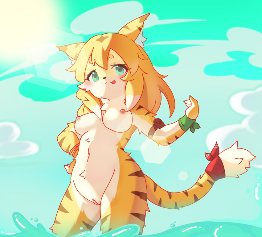 anthro areola blush breasts felid female fur genitals green_eyes hair hi_res lalamedli mammal mia_(world_flipper) pantherine pussy small_breasts smile solo stripes tiger tongue white_body world_flipper yellow_body yellow_fur