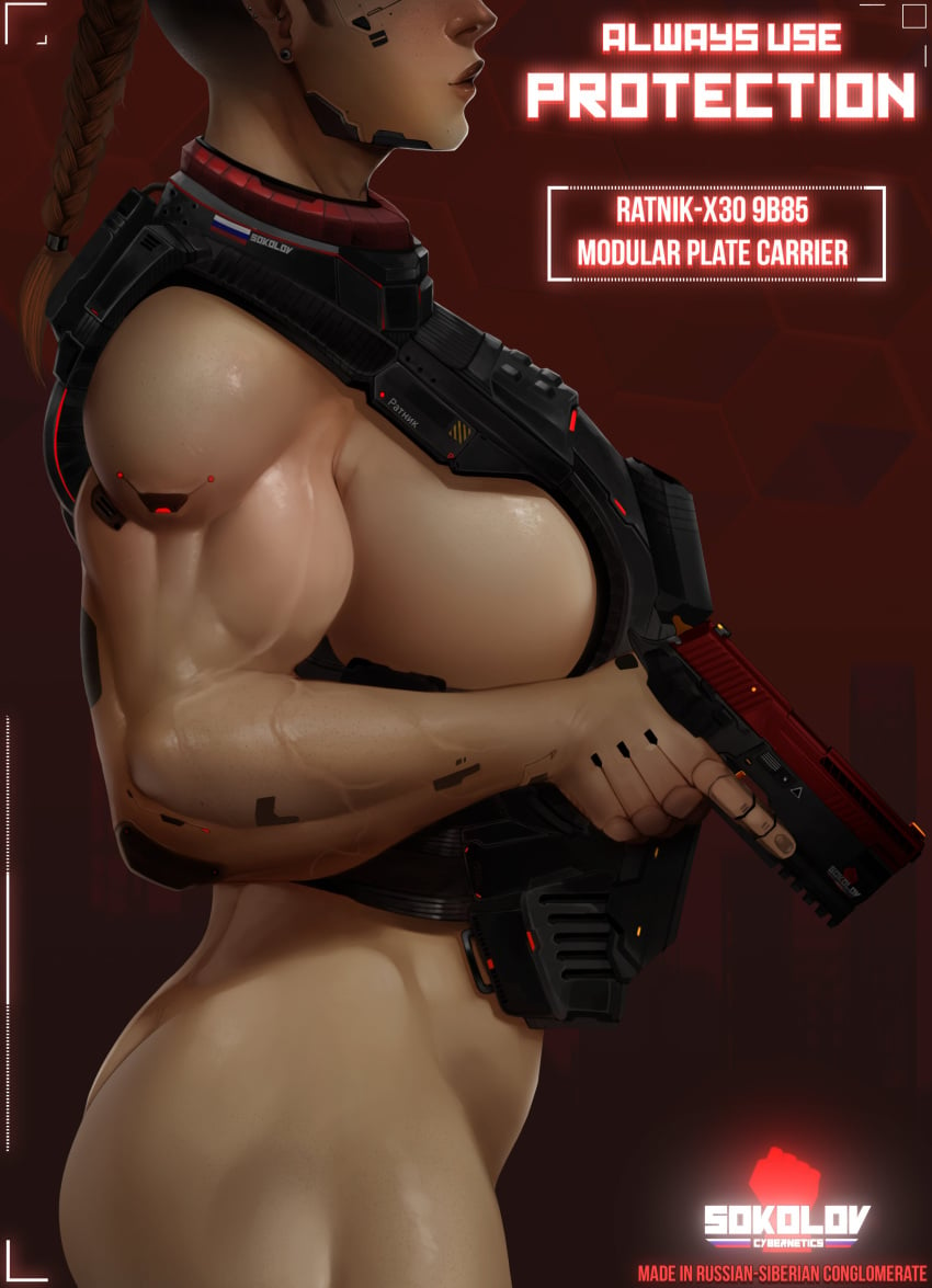 1girls armor big_breasts braid breasts brown_hair bulletproof_vest busty casual clothed clothing cybernetics cyberpunk cyborg female female_only firearm gun handgun human ineffective_armor large_breasts mostly_nude muscles muscular muscular_female nyuunzi pistol plate_carrier solo unconvincing_armor vein veins weapon