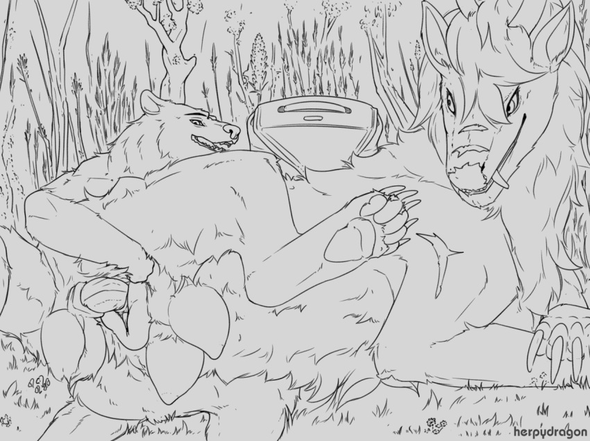 animal_genitalia animal_penis animal_pussy anthro balls big_balls big_penis brown_bear canine_pussy crotchboobs damaris_drakenuria dragon duo female feral forest forest_background genitals grizzly_bear hair herpydragon kuruk_(character) leg_grab looking_at_another looking_back lying male mammal mane mane_hair monochrome nature nature_background on_side pawpads paws penetration penis plant pussy raised_leg sheath slightly_chubby tree ursid ursine ursine_penis vaginal_penetration zoophilia