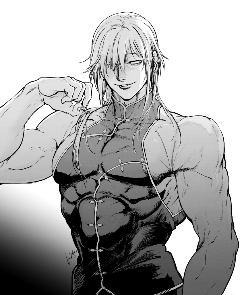 ambush_(trap) big_pecs chinese_clothes fei_wangfang hair_down hair_over_one_eye kengan_(series) kengan_omega kyowo_sukkesuke long_hair long_hair_male male male_only monochrome pecs sidepec skin_tight sleeveless smile solo tight_clothing veiny_muscles