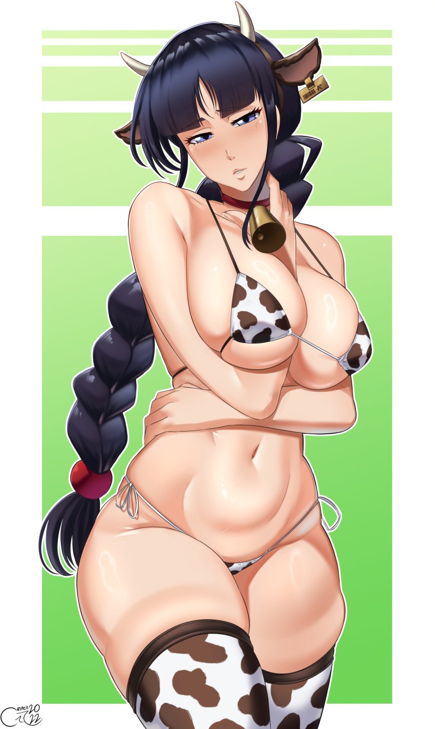 1girls absurdres animal_ears animal_print bell bikini black_hair bleach blue_eyes blunt_bangs blush braid braided_ponytail castell collarbone cow_ears cow_horns cow_print cowbell fake_animal_ears fake_horns female highres horns kurotsuchi_nemu long_hair looking_at_viewer micro_bikini navel neck_bell parted_lips shiny shiny_hair shiny_skin side-tie_bikini_bottom solo swimsuit thighhighs