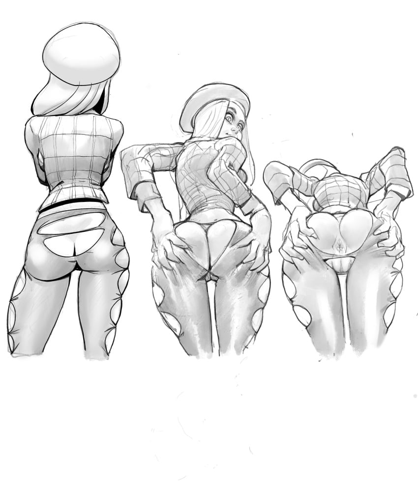 1girls anus ass back back_view bent_over black_and_white character_request jjfrenchie presenting presenting_hindquarters pussy sequence solo_female tearing_clothes torn_clothes torn_pants