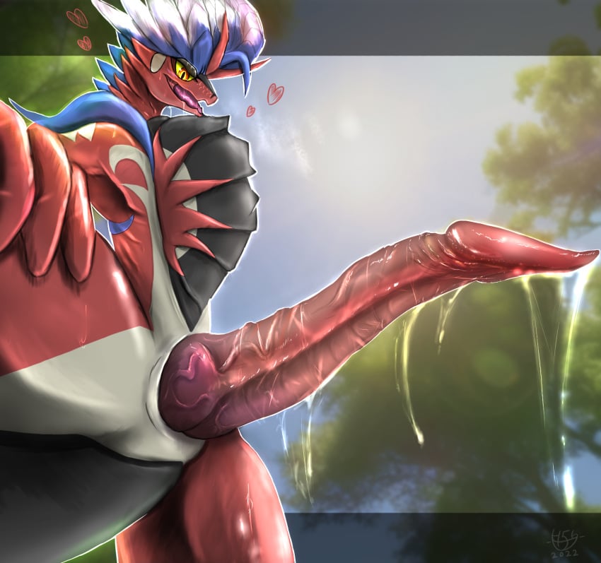 1:1 2022 4_fingers anthro apex_build_koraidon bodily_fluids dragon erection fingers genital_fluids genitals h56_(hikkoro) hi_res koraidon long_penis male male_only nintendo open_mouth penis pokemon pokemon_sv precum precum_on_hand precum_on_self precum_string red_body red_eyes reptile scalie solo tire tongue video_games wingless_dragon yellow_sclera