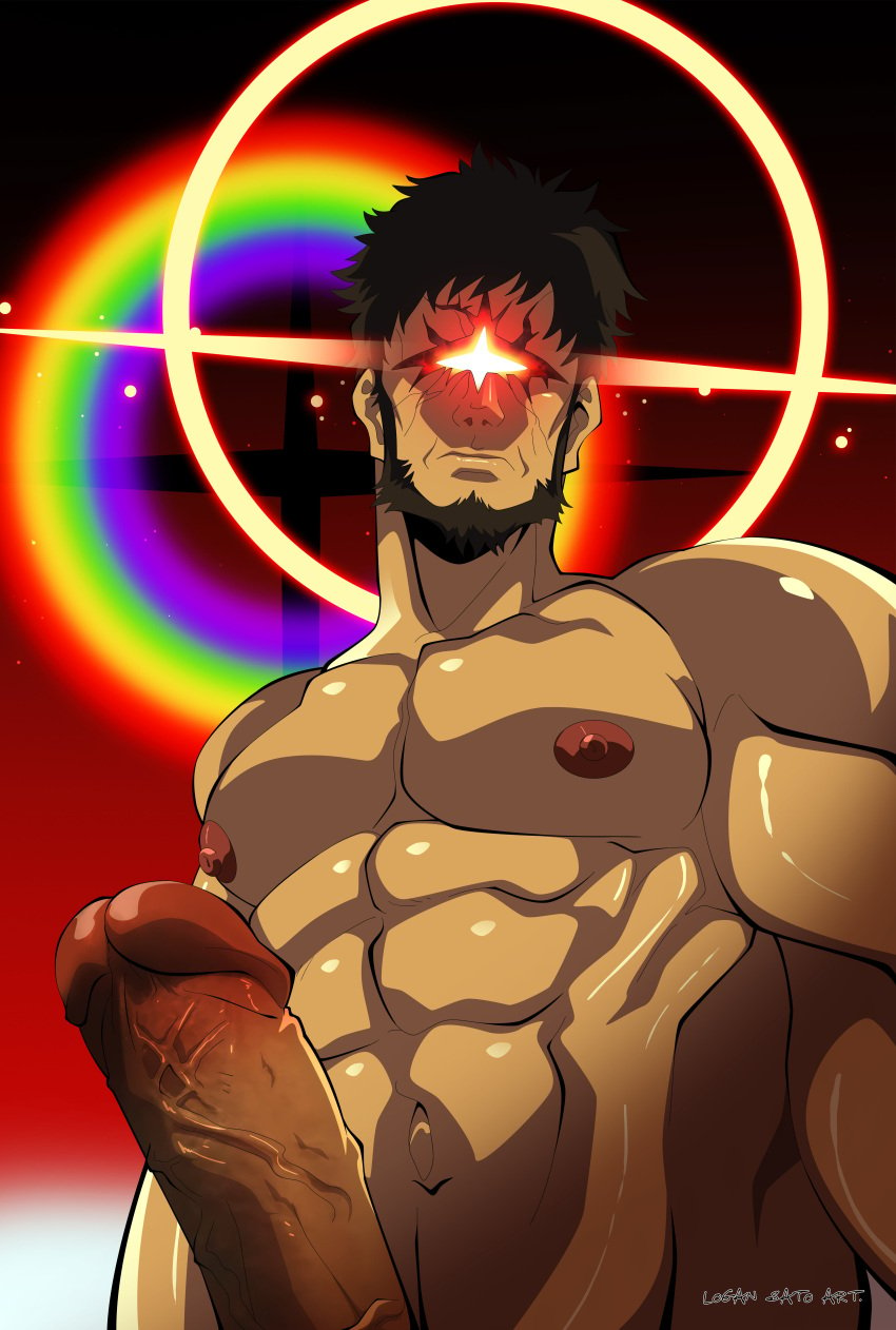 1boy abs absurd_res angel beard big_pecs big_penis black_hair cyclops erection facial_hair foreskin foreskin_folds fully_retracted_foreskin gendo_ikari hi_res huge_cock humanoid humanoid_penis intact logan_sato looking_at_viewer male male_nipples male_only muscles muscular_male neon_genesis_evangelion nude_male oiled oiled_skin pecs penis rainbow shiny_skin smooth_skinned_male solo thick_penis uncensored uncut veiny_penis yaoi