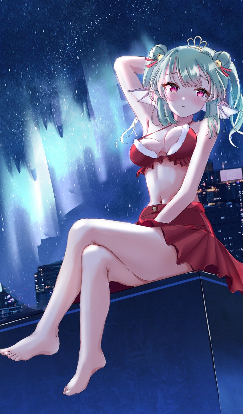 1girls amechi_(artist) armpits arms_up aurora_borealis bare_shoulders barefoot bell bells belly_button blush christmas_outfit cleavage crossed_legs exposed_shoulders female female_only finana_ryugu fish_girl green_hair hair_bell hair_ornament head_fins legs legs_crossed light-skinned_female light_skin looking_at_viewer medium_breasts midriff navel night_sky nijisanji nijisanji_en purple_eyes sitting skirt solo tiara twin_buns twintails virtual_youtuber