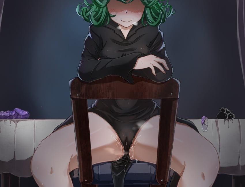 1girls alternate_lighting alternate_version_available black_dress blush chair clothing condom dildo dress eyes_out_of_frame female female_only green_hair hair kuchiparubi legs_apart one-punch_man pelvic_curtain pussy_juice short_hair smile solo solo_female steam steamy_breath sweat sweatdrop tatsumaki thick_thighs thigh_focus thighs wet wet_pussy