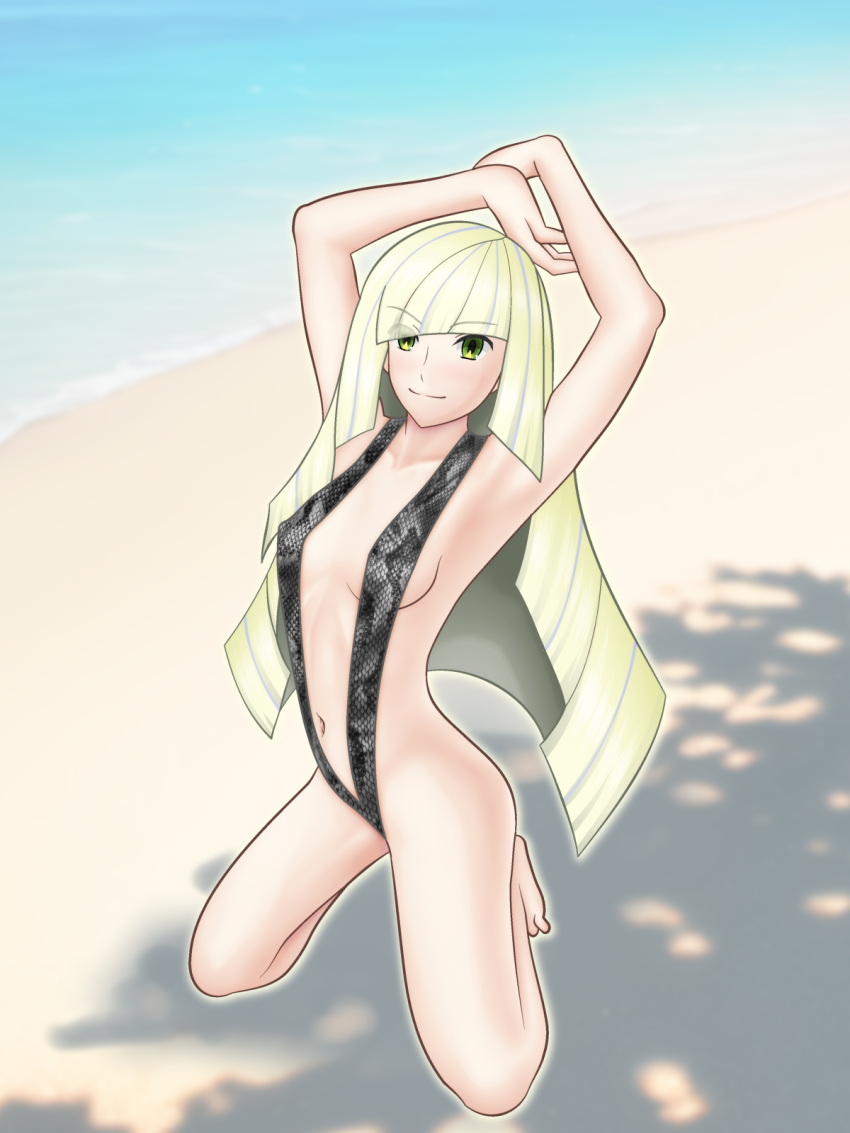 1girls alternate_version_available artist_request big_breasts bikini black_sling_bikini blonde_hair breasts cleavage female female_only game_freak green_eyes hair long_hair lusamine_(pokemon) mature mature_female mature_woman milf mother pokemon pokemon_sm skimpy skimpy_bikini sling_bikini smile solo solo_female swimsuit swimwear