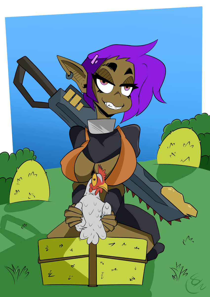 big_breasts brown_skin elf_ears goblin goblin_female purple_eyes purple_hair saintcore warrior