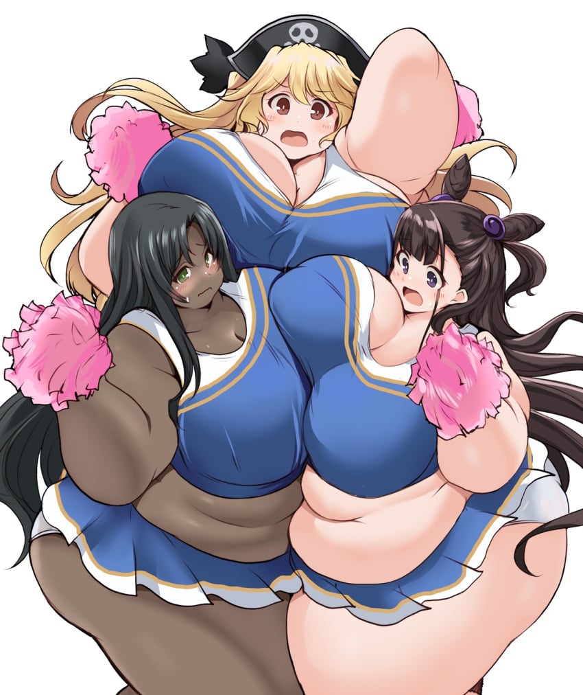 2022 3girls anne_bonny_(fate/grand_order) ass bbw belly black_hair blonde_hair blush breasts brown_eyes brown_hair cheerleader_uniform cleavage fate/grand_order fate_(series) female_focus female_only green_eyes hi_res high_resolution highres huge_ass huge_belly huge_breasts huge_thighs kurocaze murasaki_shikibu_(fate) obese obese_female overweight overweight_female plump purple_eyes scheherazade_(fate) thick_thighs thighs