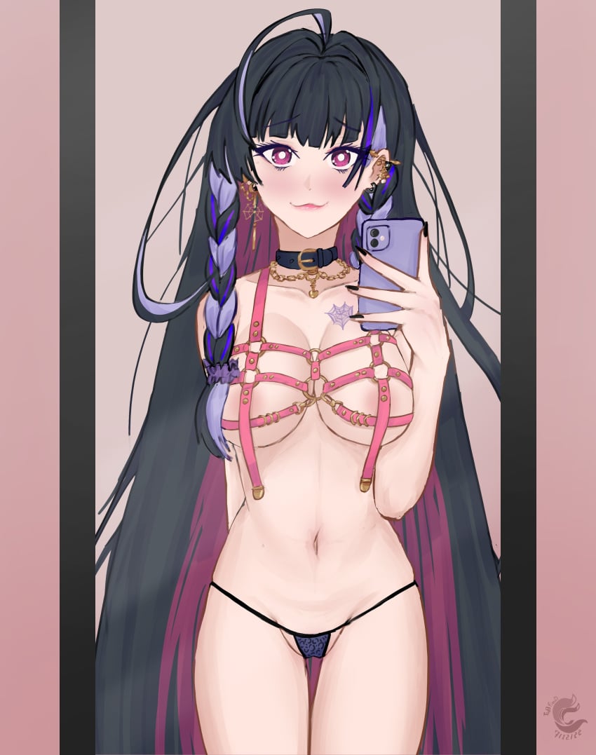 1girls ahoge barely_visible_nipples belly_button belt_collar big_breasts black_hair blush braid braided_ponytail cleavage ear_piercing earrings harness_bra holding_phone long_hair looking_at_mirror meloco_kyoran micro_bikini_bottom midriff mirror mirror_selfie navel nijisanji nijisanji_en panties phone purple_eyes purple_hair selfie solo solo_female solo_focus thigh_gap thighs tid3fiend virtual_youtuber