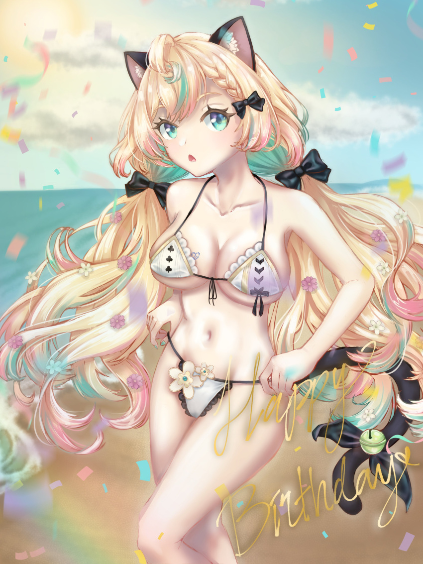 1girls ahoge animal_ears animal_tail bare_shoulders beach beach_background belly_button belvasaurr big_breasts bikini birthday blonde_hair blue_eyes braid cat_ears cat_girl cat_tail catgirl cleavage confetti english_text exposed_shoulders female female_only flower flower_in_hair flowers flowers_in_hair fluffy_ears gradient_eyes green_eyes green_hair hair_ribbon hair_ribbons happy_birthday light-skinned_female light_skin midriff millie_parfait navel nijisanji nijisanji_en pink_hair ribbons solo tail_bell tail_ribbon text twintails virtual_youtuber wavy_hair yellow_hair